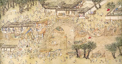 仇英的《清明上河图》(局部)以明代苏州城为背景,描绘了明代江南城市的繁华图景