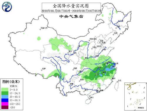 2010年3月4日06时全国降水量实况图