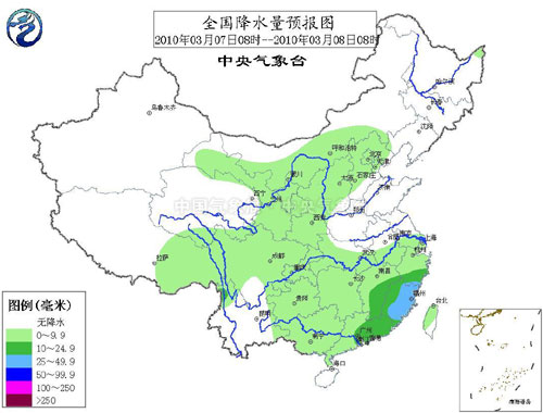 2010年3月8日06时全国降水量实况图